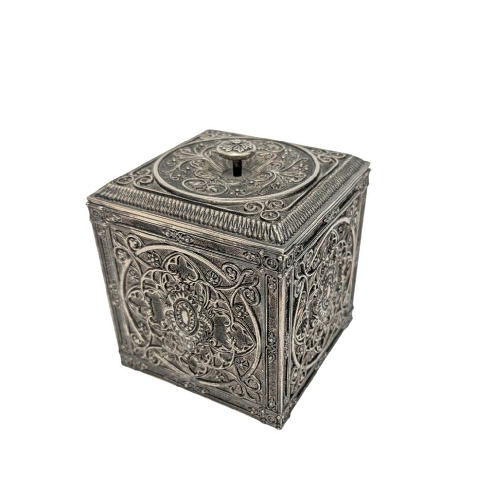 Silver Colored Ornate Velvet Lined Square Box Vintage 3.75 inches